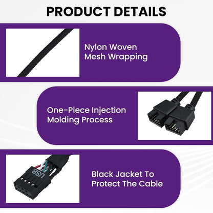 2Pcs Motherboard 9 Pin USB 2.0 to Dual 9 Pin Extension Splitter, USB 2.0 Header Splitter Nylon Braided Cable V1258-DP02-B-3269