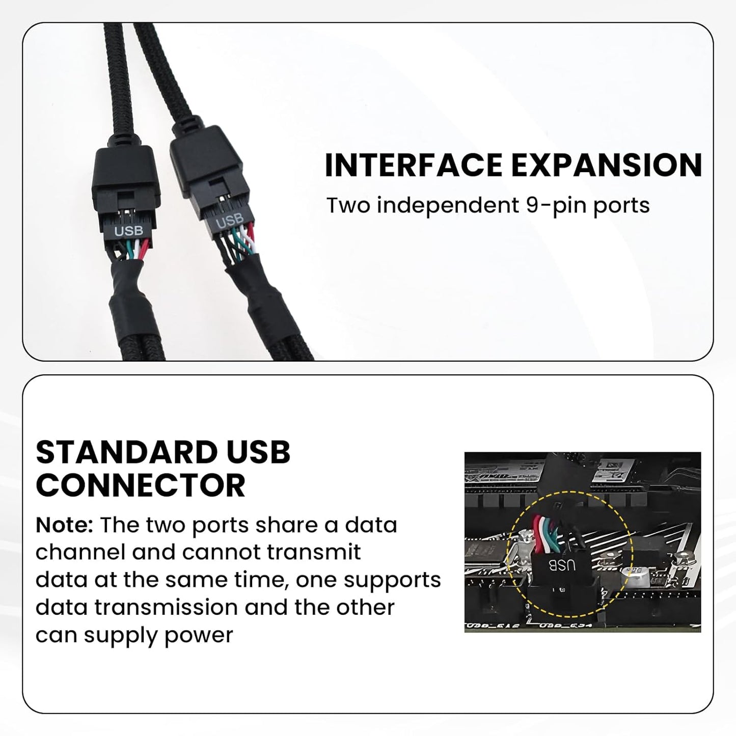 2Pcs Motherboard 9 Pin USB 2.0 to Dual 9 Pin Extension Splitter, USB 2.0 Header Splitter Nylon Braided Cable V1258-DP02-B-3269