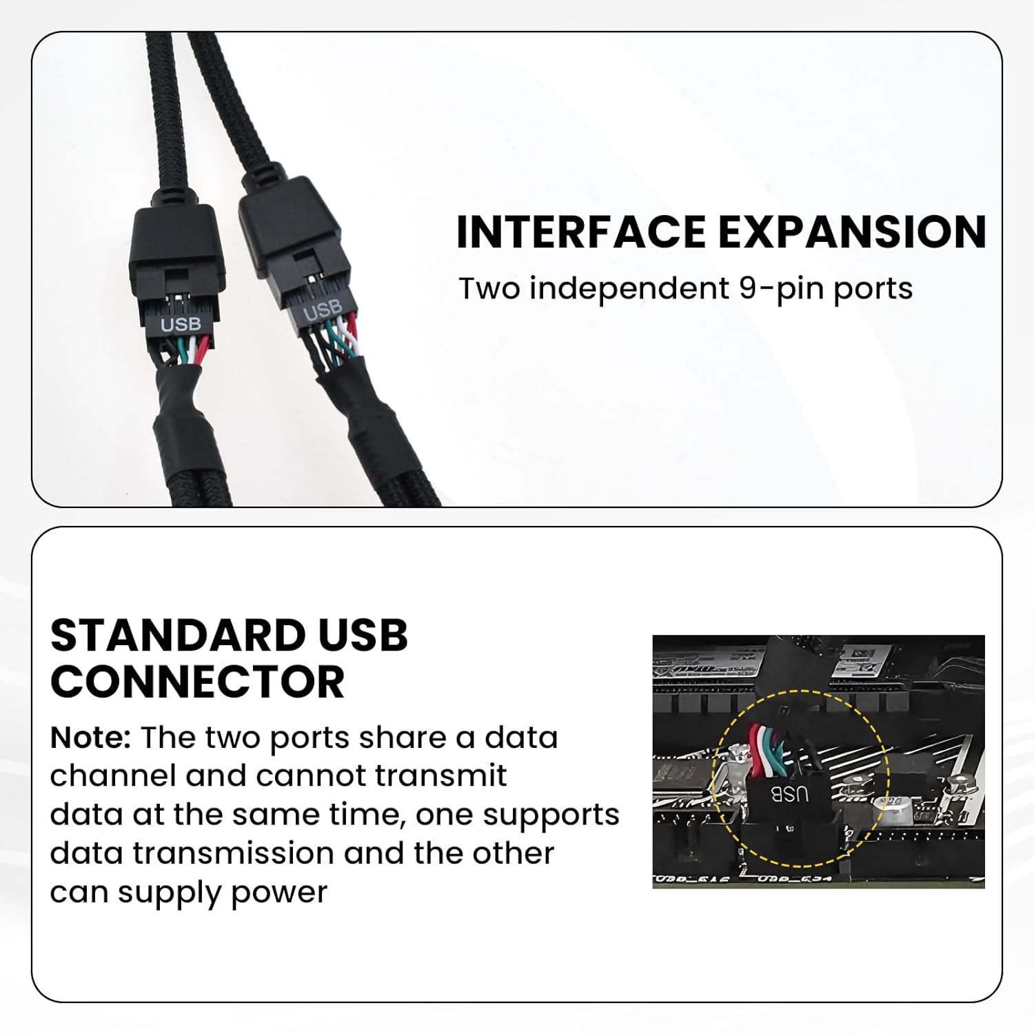 2Pcs Motherboard 9 Pin USB 2.0 to Dual 9 Pin Extension Splitter, USB 2.0 Header Splitter Nylon Braided Cable V1258-DP02-B-3269