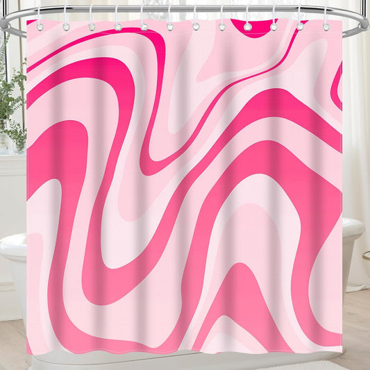 Pink Shower Curtain for Bathroom Cute Wavy Swirl 70S Abstract Retro Vintage Preppy Aesthetic Fabric V1258-DP02-B-33