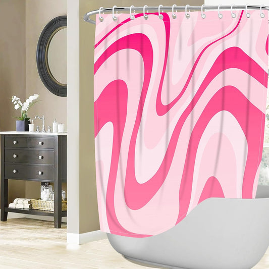 Pink Shower Curtain for Bathroom Cute Wavy Swirl 70S Abstract Retro Vintage Preppy Aesthetic Fabric V1258-DP02-B-33