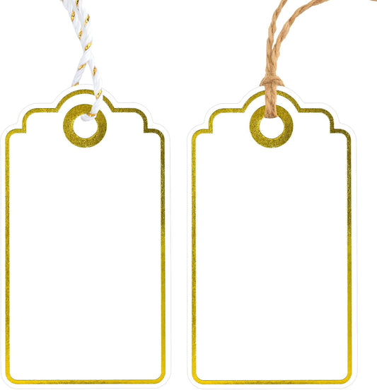 Gift Tags with String - 100Pcs Gold Foil Metallic Gift Bag Tags Personalized White Blank Hanging Paper Label V1258-DP02-B-331
