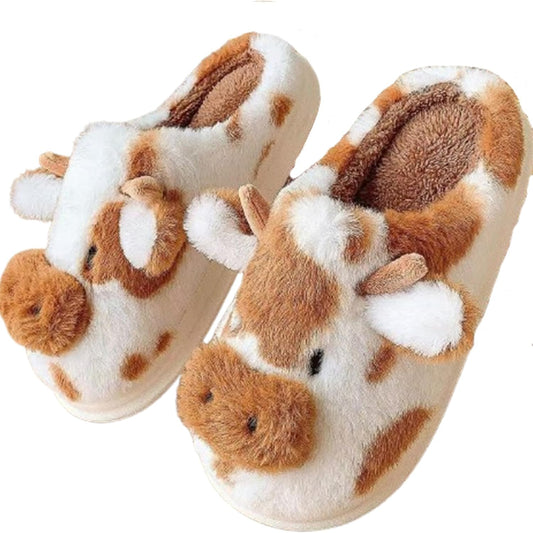 Cartoon Cow Cotton Slippers,Cute Cozy Fuzzy Animal Slippers For Women Men,Winter Warm Plush Comfy Indoor V1258-DP02-B-3311