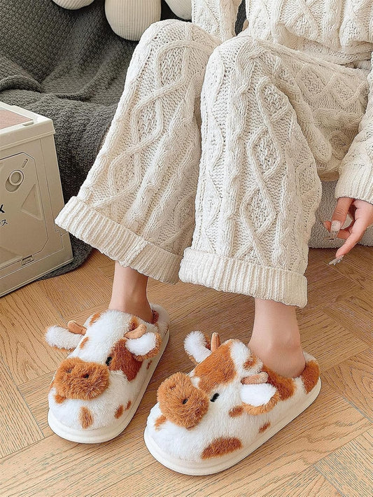 Cartoon Cow Cotton Slippers,Cute Cozy Fuzzy Animal Slippers For Women Men,Winter Warm Plush Comfy Indoor V1258-DP02-B-3311