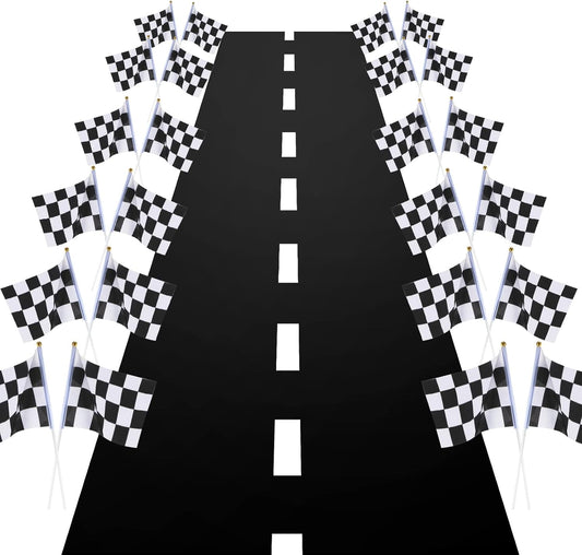 Race Car Party Decorations Racetrack Floor Runner 13 ft Road Track with 12 Checkered Racing Flags Birthday V1258-DP02-B-3352