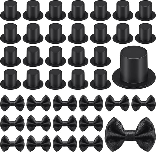 200 Pcs Include 100 Christmas Mini Top Hat Black Plastic Tiny Hats 100 Mini Satin Ribbon Bows Boutique Flower V1258-DP02-B-3366