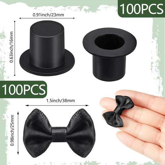 200 Pcs Include 100 Christmas Mini Top Hat Black Plastic Tiny Hats 100 Mini Satin Ribbon Bows Boutique Flower V1258-DP02-B-3366
