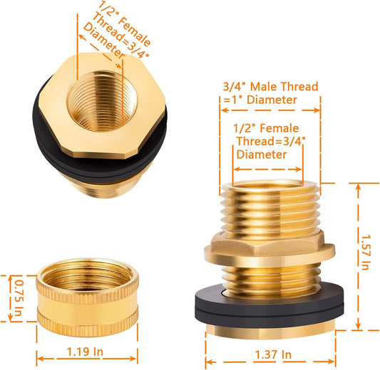 Brass Male Garden Hose Bulkhead Fitting Drain/Flush Port Kit 1/2" Female 3/4" Male Soild Brass Water Tank V1258-DP02-B-3375