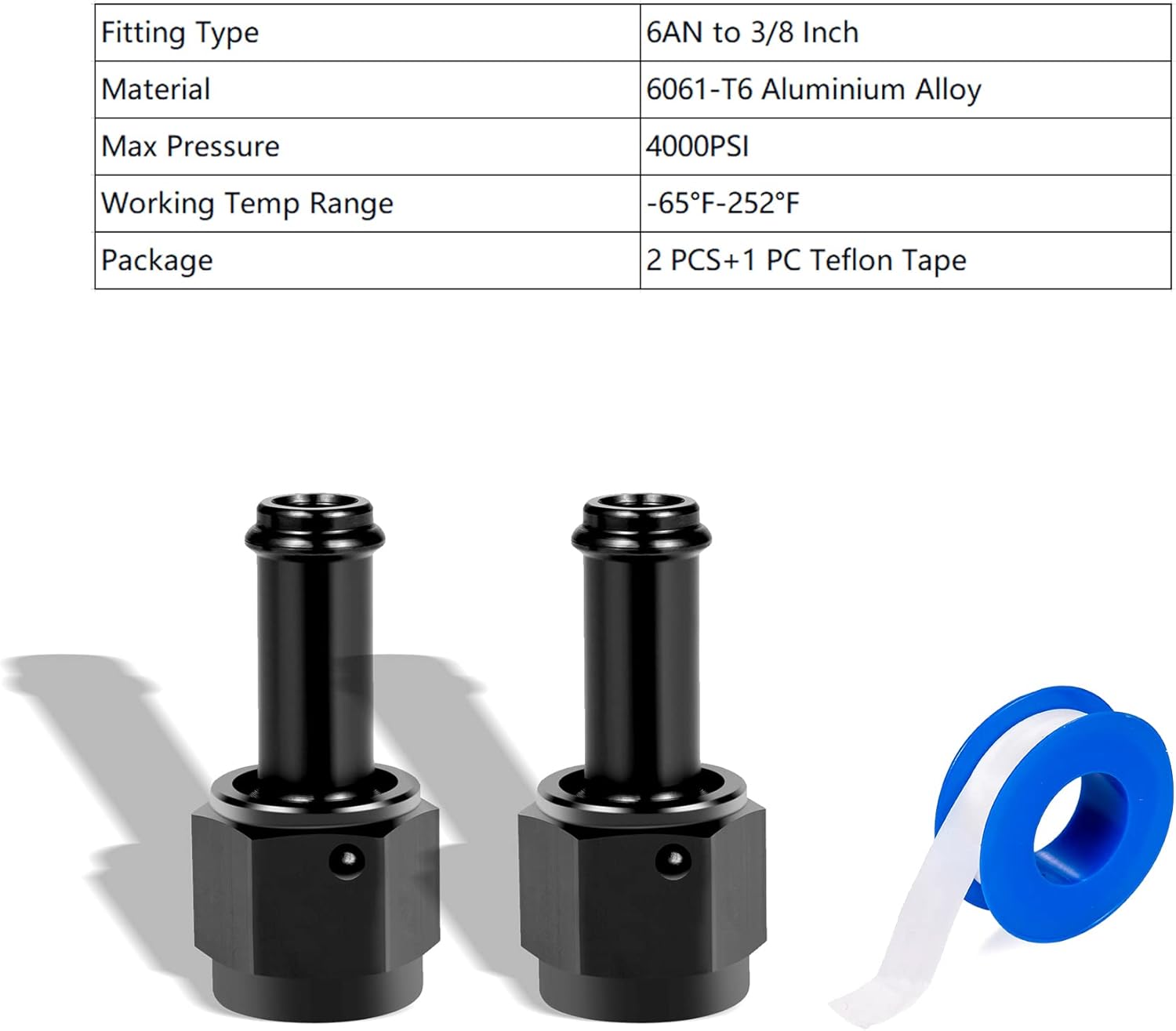 6AN Female to 3/8 Barb Fitting Adapter Straight Swivel Aluminum, Adapters Straight Black Anodized 2PCS V1258-DP02-B-3382