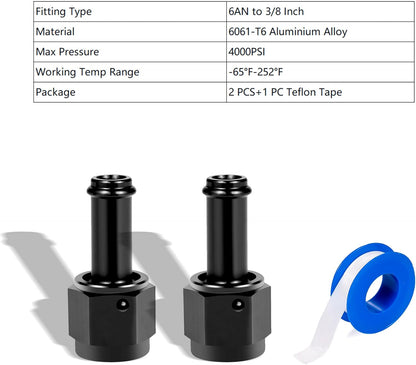 6AN Female to 3/8 Barb Fitting Adapter Straight Swivel Aluminum, Adapters Straight Black Anodized 2PCS V1258-DP02-B-3382