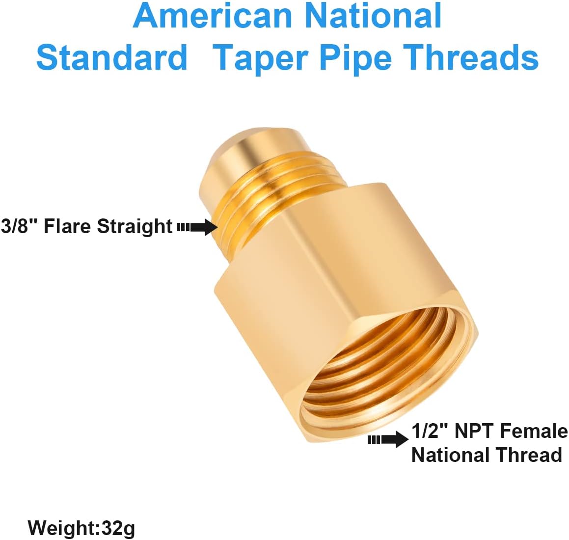 2PCS Flare Brass Tube Fitting, Coupling Gas Adapter 3/8" Flare x 1/2" Female NPT Pipe V1258-DP02-B-3384