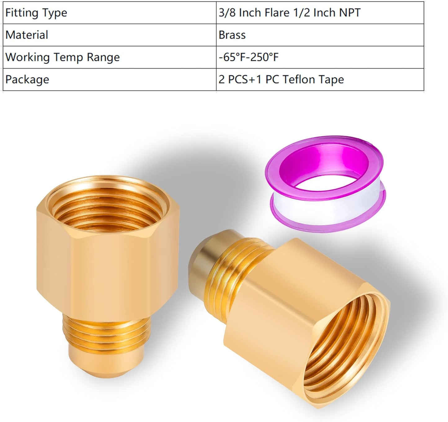 2PCS Flare Brass Tube Fitting, Coupling Gas Adapter 3/8" Flare x 1/2" Female NPT Pipe V1258-DP02-B-3384