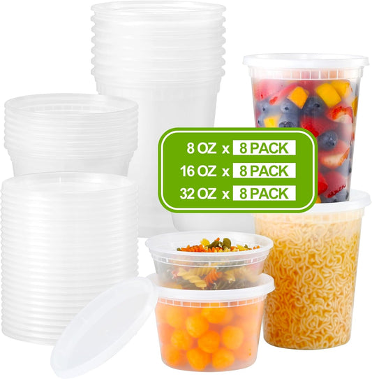 24 Sets Plastic Deli Food Containers With Lids, 8 oz 16oz 32oz Variety pack, Airtight Food Storage V1258-DP02-B-3386