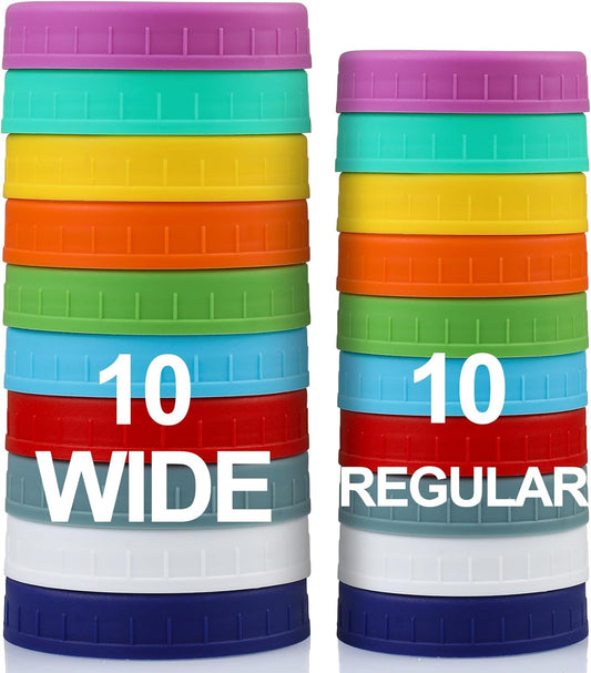 10 WIDE Mouth & 10 REGULAR Mouth Mason Jar Lids - 20 Pack Food Grade Plastic Mason Jar Caps for Ball, Kerr V1258-DP02-B-3389