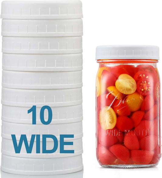 [10 Pack] WIDE Mouth Mason Jar Lids for Ball, Kerr and More - White Plastic Storage Caps for Mason/Canning V1258-DP02-B-3391