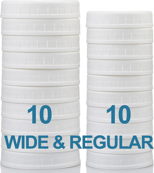 10 WIDE Mouth & 10 REGULAR Mouth Mason Jar Lids - 20 Pack Food Grade Plastic Mason Jar Caps for Ball, Kerr V1258-DP02-B-3392