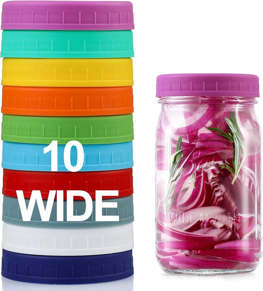 10 Pack Plastic Wide Mouth Mason Jar Lids for Ball, Kerr and More - Multicolor Storage Caps for Mason Jars, V1258-DP02-B-3394