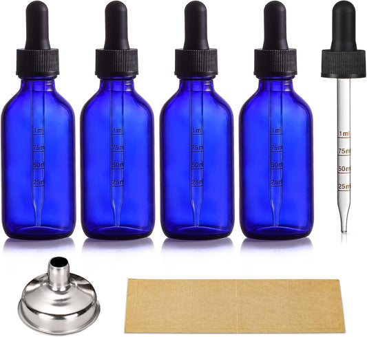 4 Pack 2 oz Glass Dropper Bottles with Measured Dropper - 60ml Dark Blue Tincture Bottles with Calibrated V1258-DP02-B-3395