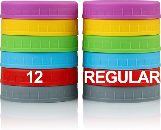 12 Pack REGULAR MOUTH Mason Jar Lids for Ball, Kerr and More - Multicolor Plastic Storage Caps for Mason V1258-DP02-B-3396