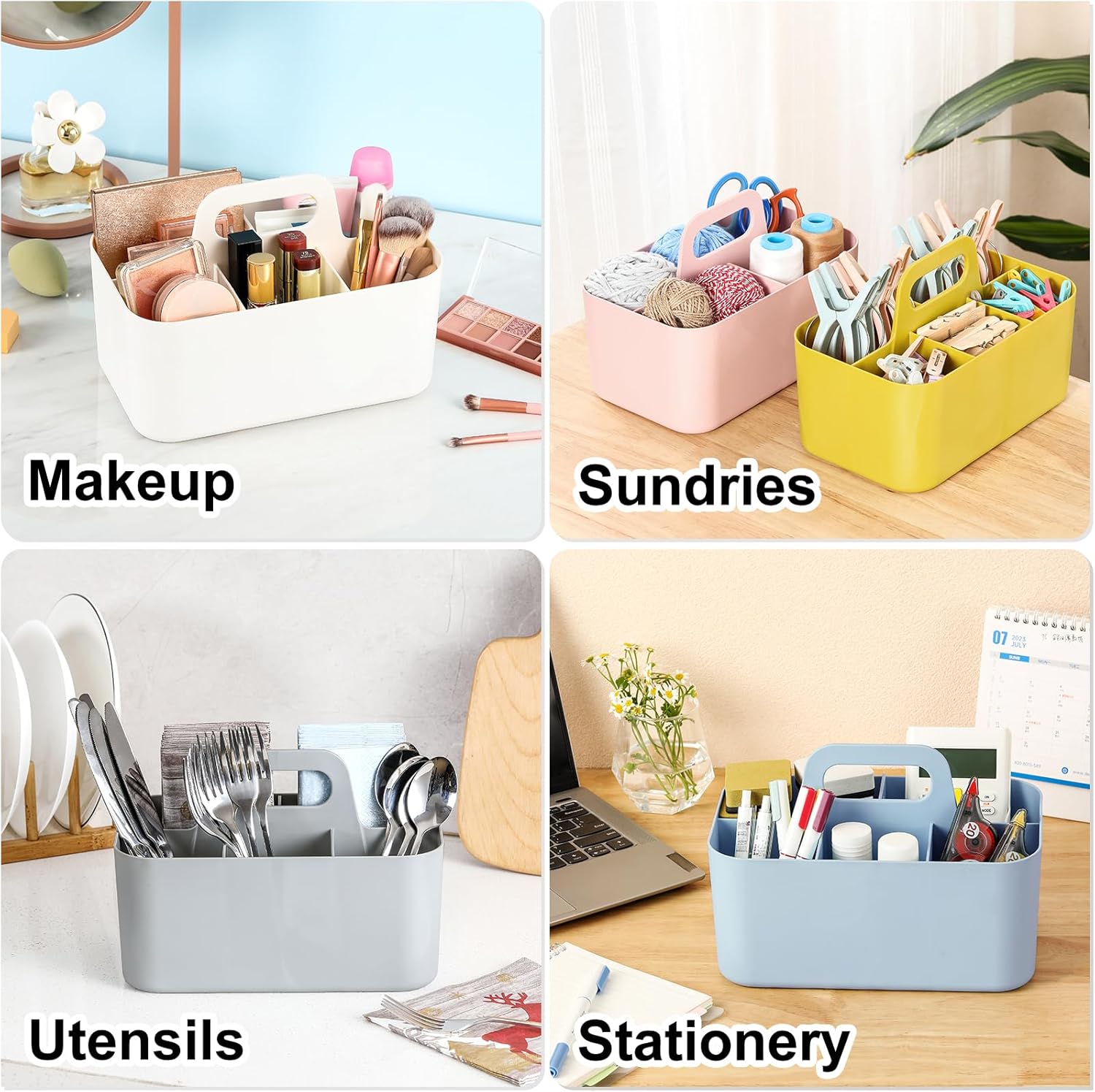Multiuse Caddy Organizer with Handle - Stackable Plastic Tote Bin - Art Craft Supplies, Office, Desk, V1258-DP02-B-3399