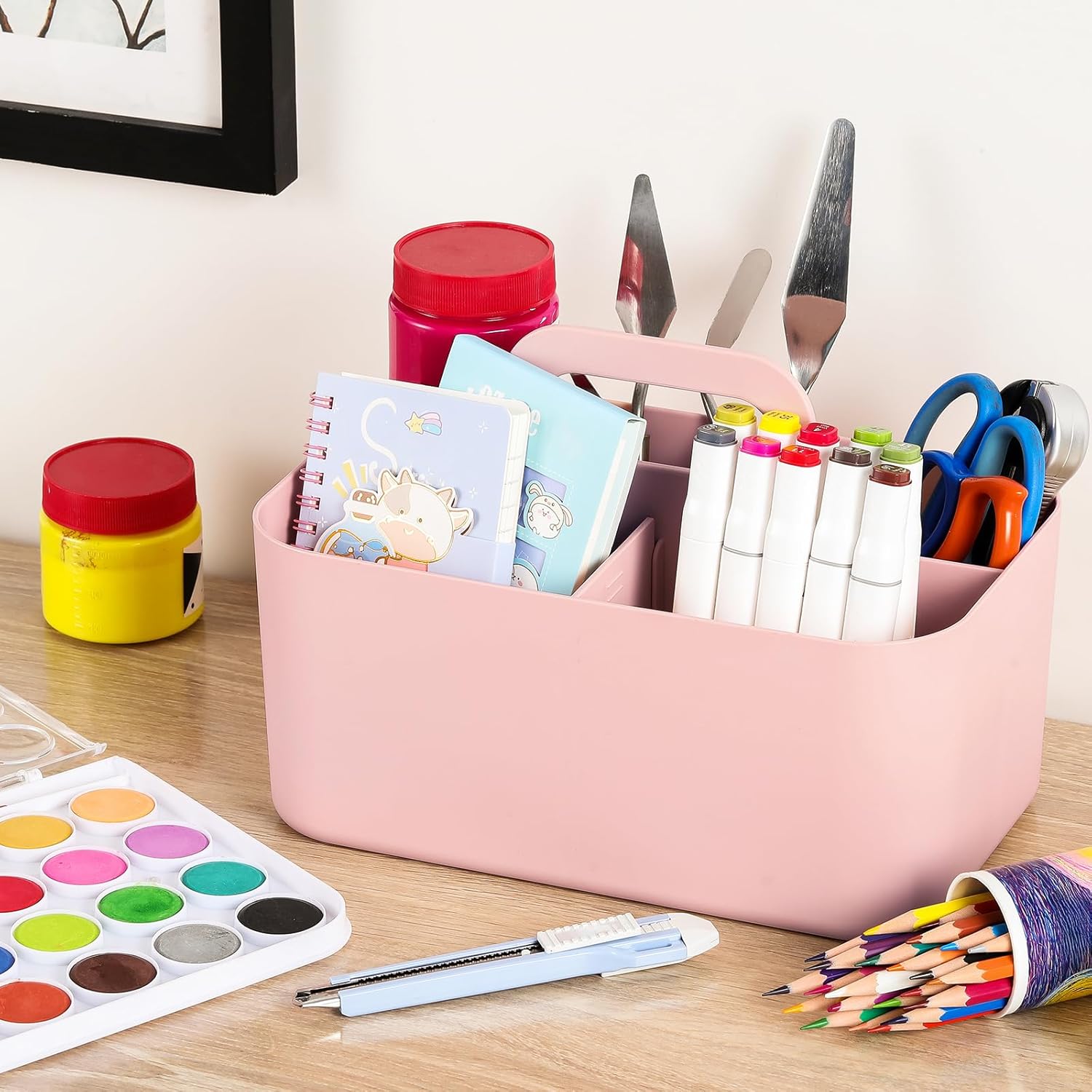 Multiuse Caddy Organizer with Handle - Stackable Plastic Tote Bin - Art Craft Supplies, Office, Desk, V1258-DP02-B-3399