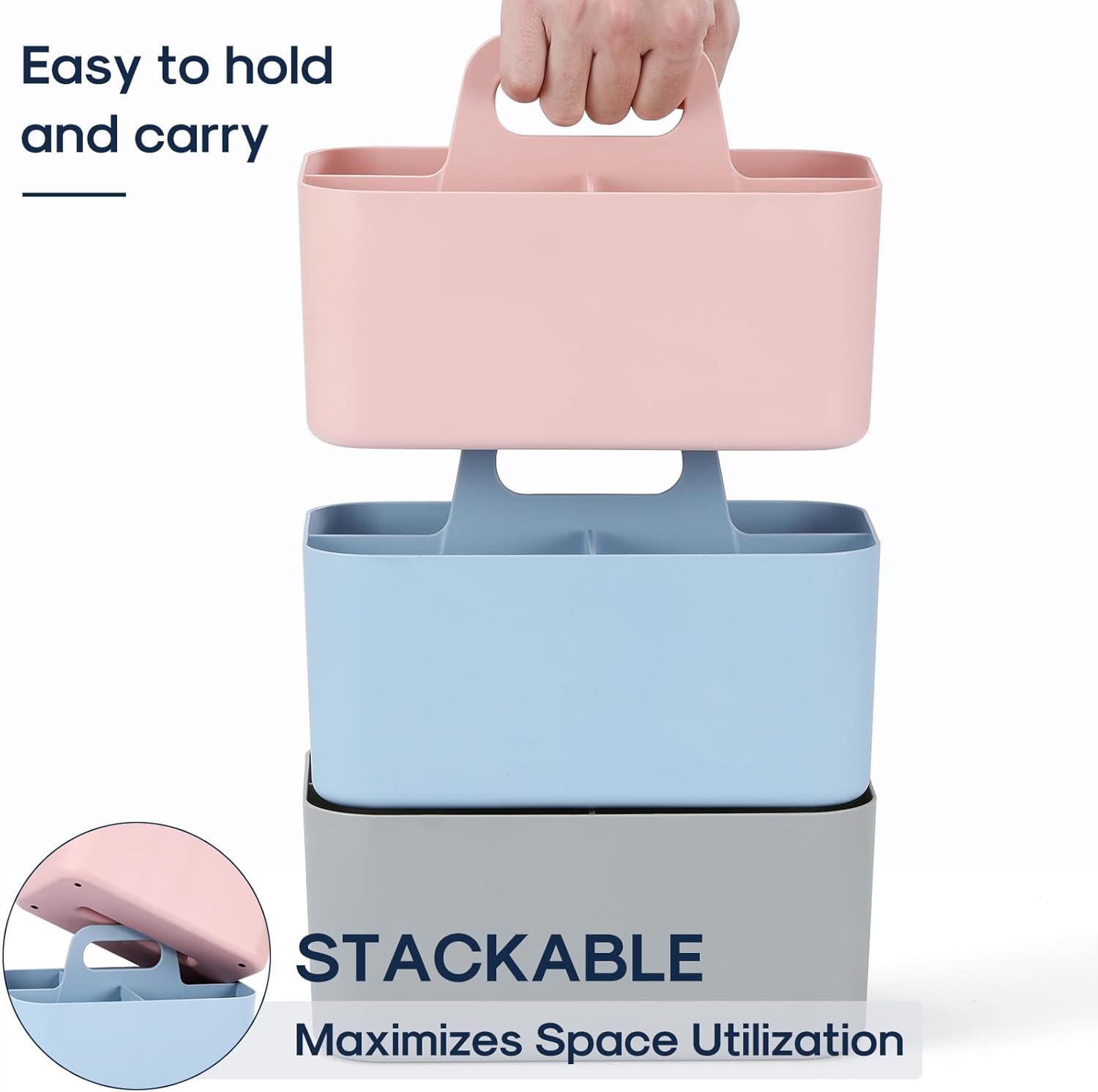 Multiuse Caddy Organizer with Handle - Stackable Plastic Tote Bin - Art Craft Supplies, Office, Desk, V1258-DP02-B-3399