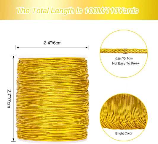 110Yard Gold Elastic Cord - 1MM Gold Elastic String Metallic Tinsel Stretch Cord Elastic Ribbon Braiding Rope V1258-DP02-B-340
