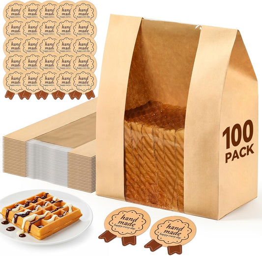 100 Pack Paper Bread Bags for Homemade, Bread Bags with Window for Sourdough Bread Storage, 13.7x8.3x3.5 V1258-DP02-B-3406