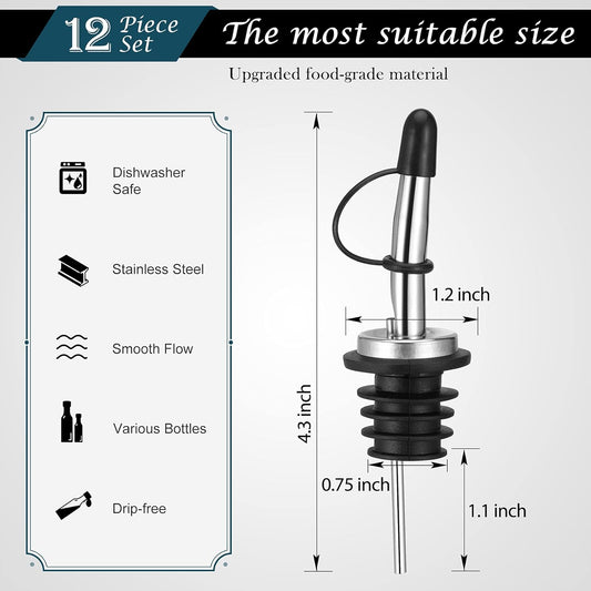 12 Pack Liquor Pour Spout, Stainless Steel Liquor Bottle Pourers with Rubber Dust Caps for Alcohol, Olive V1258-DP02-B-3407