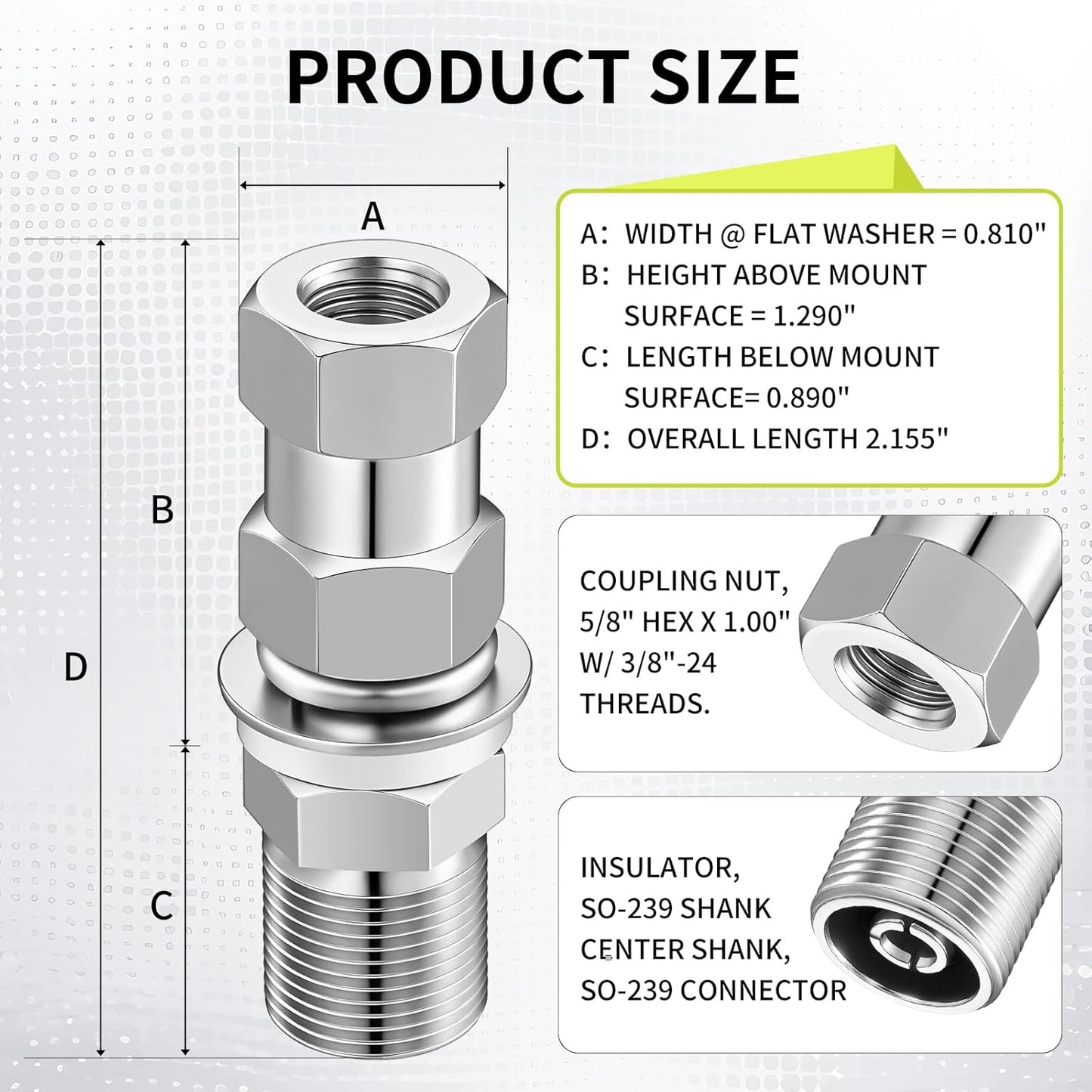Cb Radio Antenna Heavy Duty So-239 Stud Mount Cb Antenna Standard 3/8 x 24 Threaded Stud Mount Adapter V1258-DP02-B-3423
