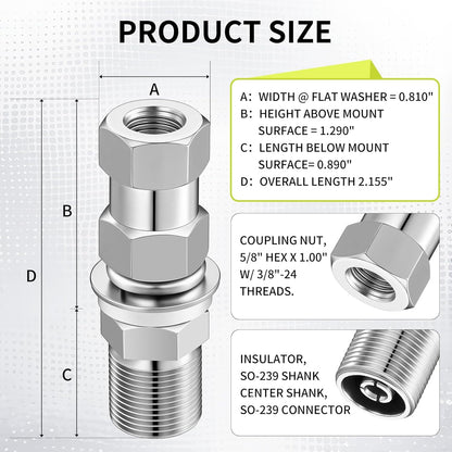 Cb Radio Antenna Heavy Duty So-239 Stud Mount Cb Antenna Standard 3/8 x 24 Threaded Stud Mount Adapter V1258-DP02-B-3423