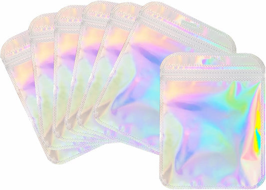 100 Pcs Holographic Resealable Packaging Bags for Small Business Supplies, Cute Small Color Smell Proof Bags V1258-DP02-B-3442