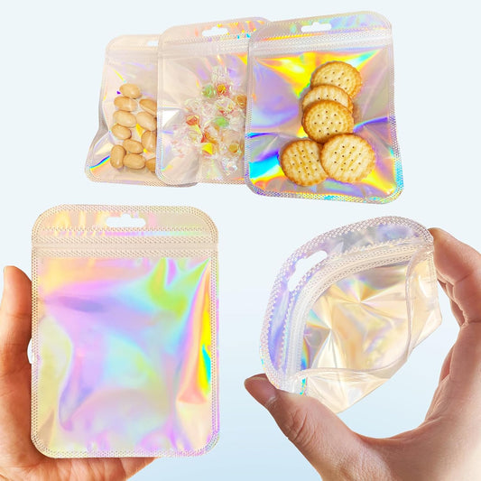 100 Pcs Holographic Resealable Packaging Bags for Small Business Supplies, Cute Small Color Smell Proof Bags V1258-DP02-B-3442