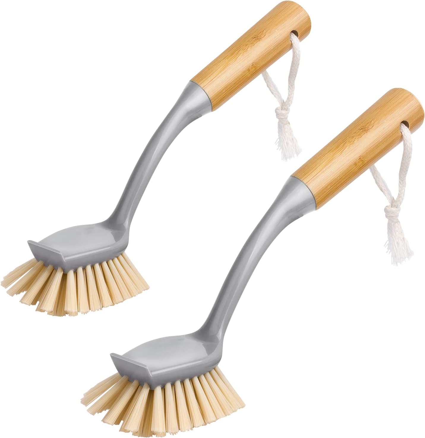 Dish Brush with Long Bamboo Handle Built-in Scraper, Scrub Brush for Pans, Pots, Kitchen Sink Cleaning, Pack V1258-DP02-B-3458