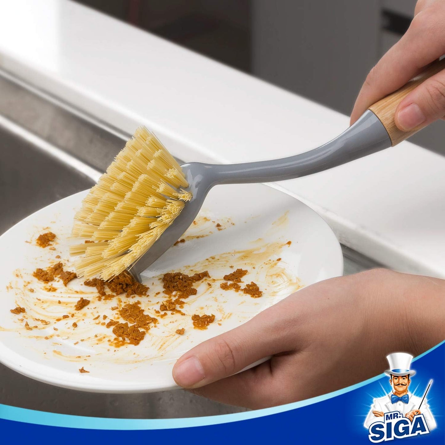 Dish Brush with Long Bamboo Handle Built-in Scraper, Scrub Brush for Pans, Pots, Kitchen Sink Cleaning, Pack V1258-DP02-B-3458