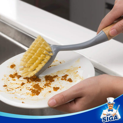 Dish Brush with Long Bamboo Handle Built-in Scraper, Scrub Brush for Pans, Pots, Kitchen Sink Cleaning, Pack V1258-DP02-B-3458