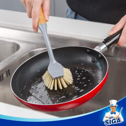 Dish Brush with Long Bamboo Handle Built-in Scraper, Scrub Brush for Pans, Pots, Kitchen Sink Cleaning, Pack V1258-DP02-B-3458