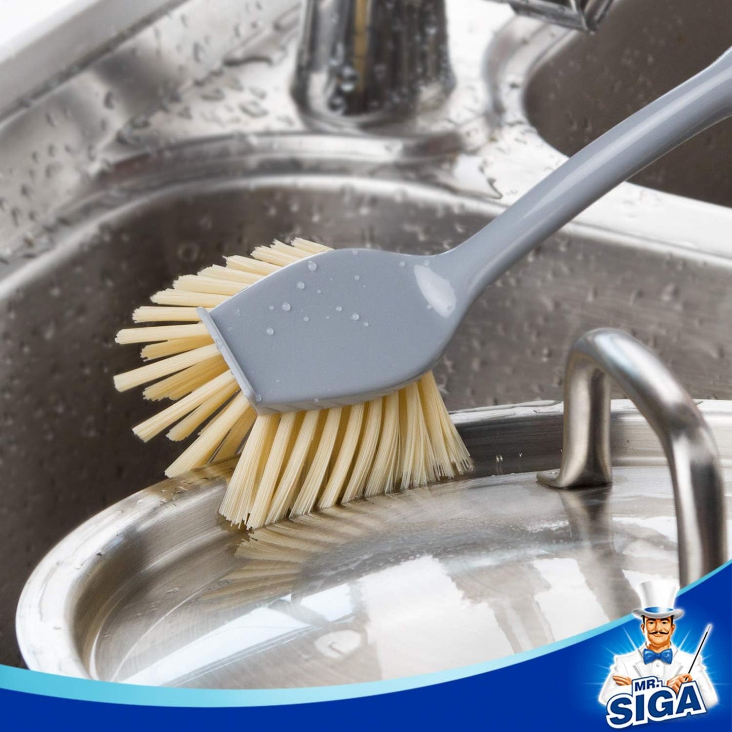 Dish Brush with Long Bamboo Handle Built-in Scraper, Scrub Brush for Pans, Pots, Kitchen Sink Cleaning, Pack V1258-DP02-B-3458