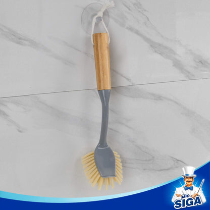 Dish Brush with Long Bamboo Handle Built-in Scraper, Scrub Brush for Pans, Pots, Kitchen Sink Cleaning, Pack V1258-DP02-B-3458