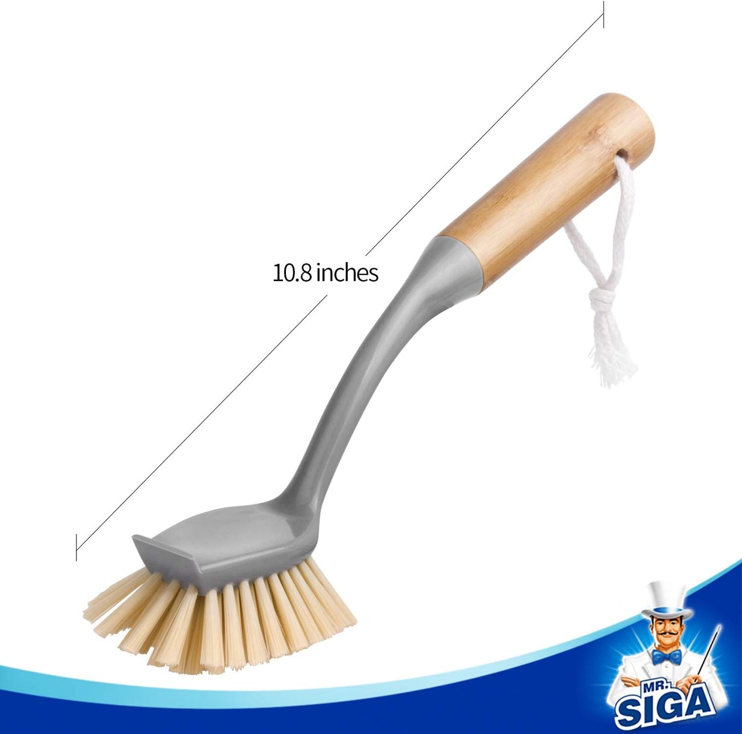 Dish Brush with Long Bamboo Handle Built-in Scraper, Scrub Brush for Pans, Pots, Kitchen Sink Cleaning, Pack V1258-DP02-B-3458