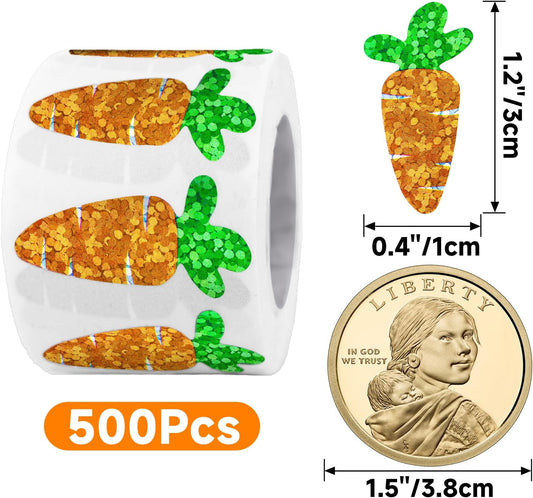 Easter Carrot Stickers - 500Pcs 1.2x0.4'' Carrot Shape Stickers Holographic Carrots Sticker Roll Self V1258-DP02-B-346