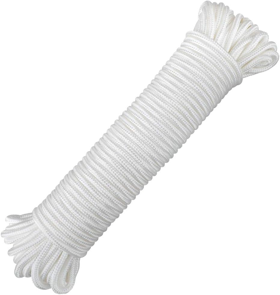 Nylon Rope - 100 Ft White Nylon String, 1/4 Inch Solid Braided Rope, Thick Washing Line for Multi-Purpose Tie V1258-DP02-B-3503