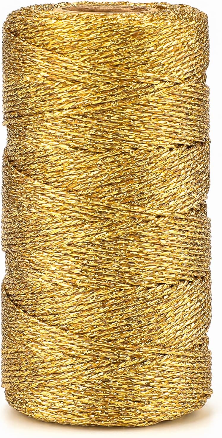 328 Feet Gold String Twine - 1.5mm Metallic Ornament Thread Gift Wrapping - Inelastic Macrame Glitter Gold V1258-DP02-B-3505