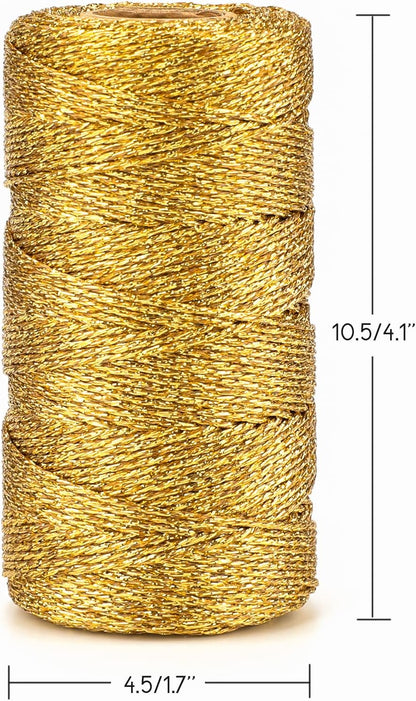 328 Feet Gold String Twine - 1.5mm Metallic Ornament Thread Gift Wrapping - Inelastic Macrame Glitter Gold V1258-DP02-B-3505