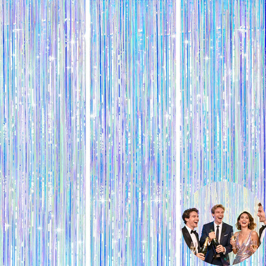 3 Pack Iridescent Tinsel Foil Fringe Curtain, Holographic Party Photo Backdrop for Mermaid Party Birthday V1258-DP02-B-3506