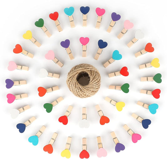 100Pcs Clothespins with String, 1.4Inch Wooden Clothes Pins with Heart, 10 Colors Heart Clips, Mini Photo V1258-DP02-B-3509