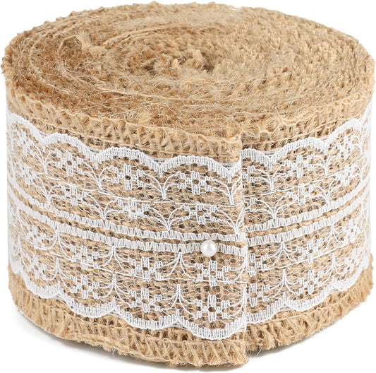 Natural Jute Burlap Ribbon Roll - 2.4Inch x 5.5Yards Rustic White Lace Burlap Ribbon Trim Tape for DIY V1258-DP02-B-3511