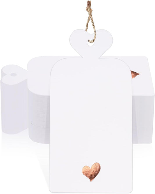 100Pcs Gift Tags with String, Blank Gift Tags with Foil Rose Gold Heart, 4x2Inch White Paper Tag, Hanging V1258-DP02-B-3514