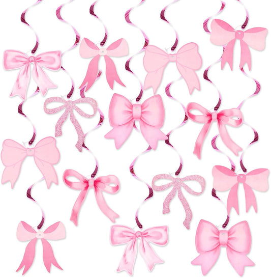 Pink Bow Garland, 20Pcs Bow Birthday Banner, Girl Theme Party Garland Banner, Pink Swirls Decoration for Baby V1258-DP02-B-3518