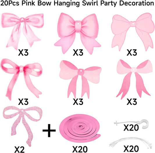 Pink Bow Garland, 20Pcs Bow Birthday Banner, Girl Theme Party Garland Banner, Pink Swirls Decoration for Baby V1258-DP02-B-3518